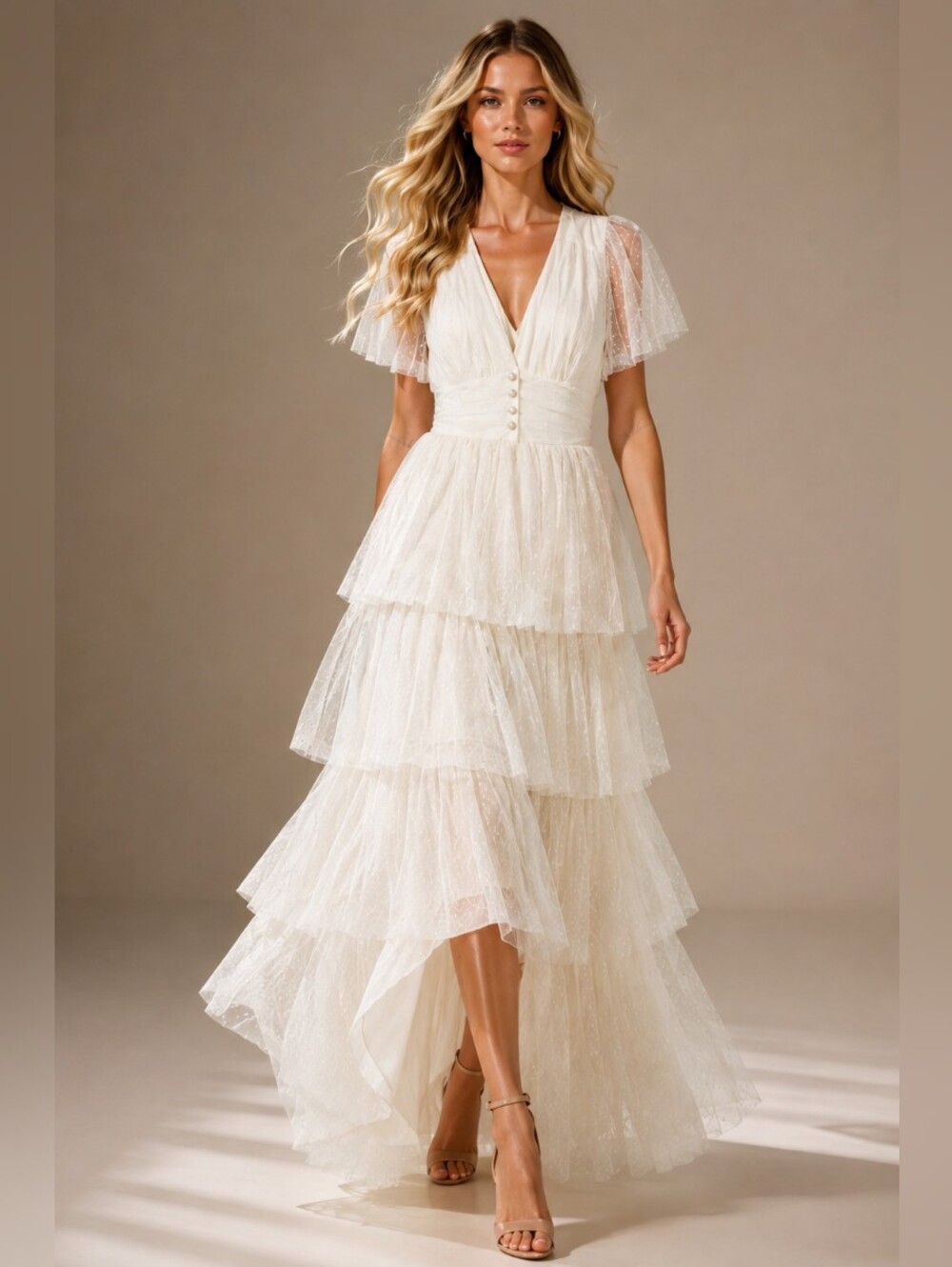 Miusol Ivory Swiss Dot Tiered Tulle Maxi Dress Women's Medium Romantic Cottage